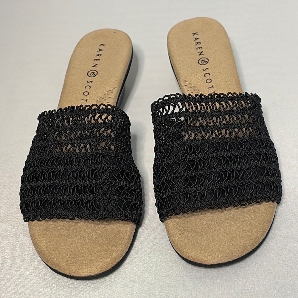 Karen Scott Elsaa Black Crochet Woven Low Wedge Slide Sandals Womens 9M